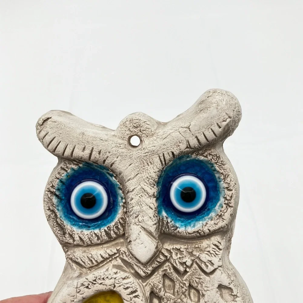 Wall Plaque Ceramic Owl Evil Eye 11.5in Multicolor Boho Decor